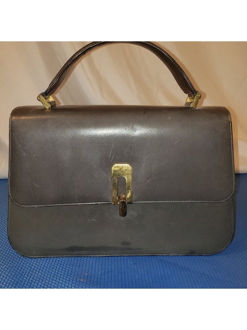 Vintage Women's BIENEN-DAVIS Gray Leather Handbag with Top Handle